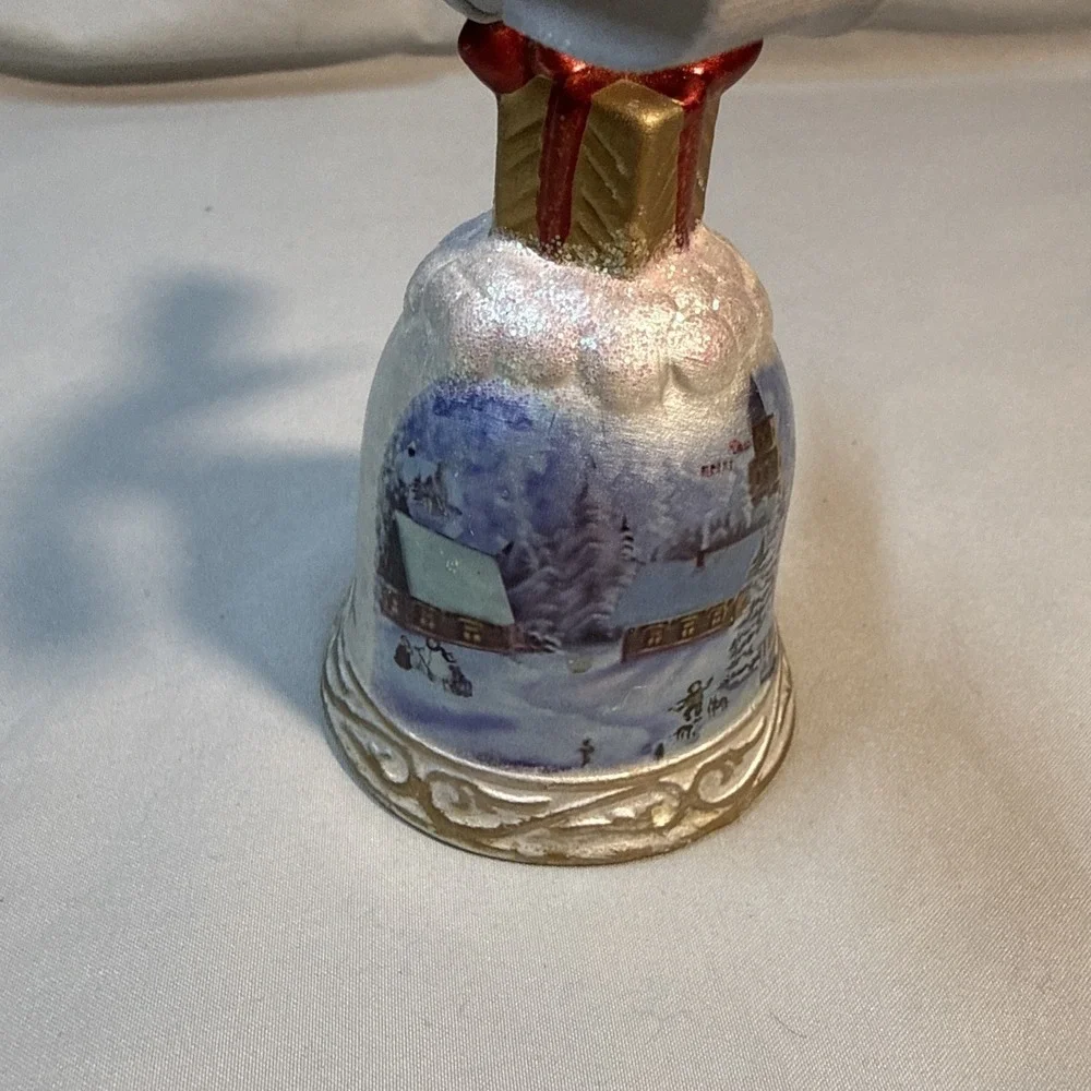 Vintage Porcelain Christmas Bell Ornament Winter Village Scene Gift Bow Top